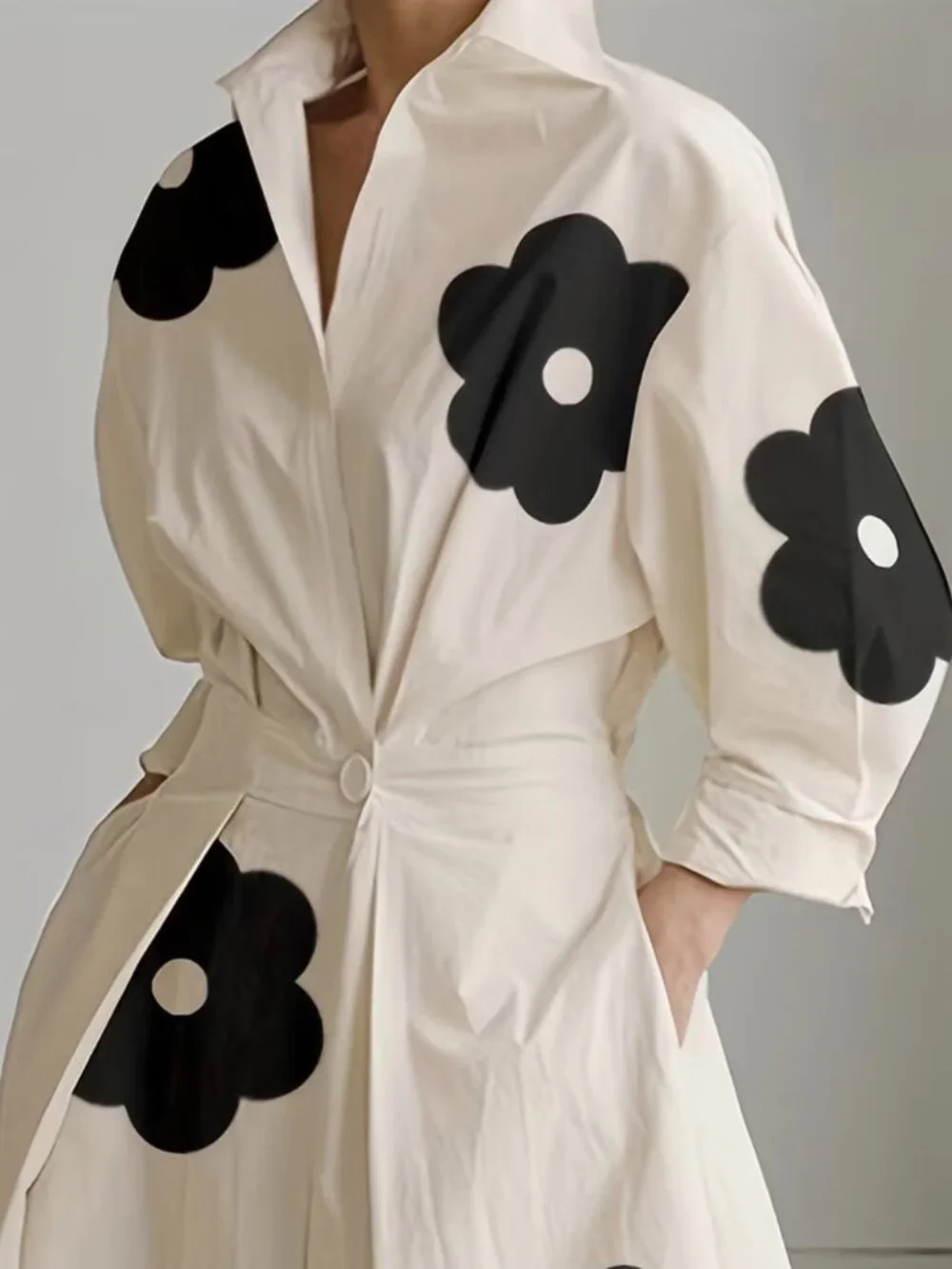 Long Sleeves Loose Contrast Color Floral Printed Pleated Tie Waist Lapel Midi
